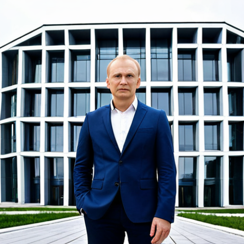 Home 7 Modern Russian Architect**
"A professional architect, fully clothed in smart casual attire, standing in front of a modern building design in Moscow, Russia. Safe for work, appropriate content, showcasing architectural detail. Perfect anatomy, natural proportions, professional."
**